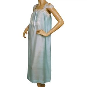 Vintage 1920s Silk Nightie Blue Pongee Nightgown w Lace Trim - Fashionconservatory.com