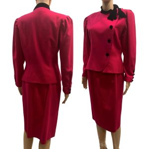 80s Dark Pink Wool Pencil Skirt Suit w Asymmetrical Jacket Black Velvet Trim