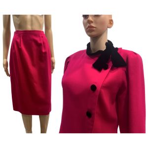 80s Dark Pink Wool Pencil Skirt Suit w Asymmetrical Jacket Black Velvet Trim - Fashionconservatory.com