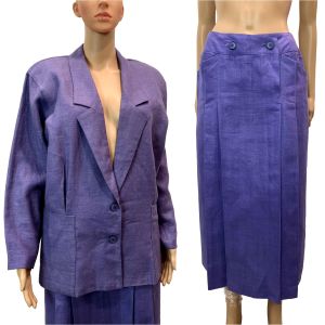 80s Purple Linen Skirt Suit | Oversized Blazer & Tailored Midi Skirt | 27'' Waist - Fashionconservatory.com