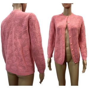 70s Granny Cardigan Pink/Salmon Open Knit Floral Sweater | S