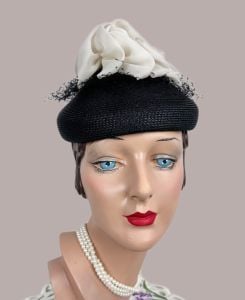 Vintage 60s Black Straw Hat with White Fabric Embellishment by Valerie Modes, Deadstock 