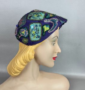 Vintage 50s Purple Patchwork Cap Hat by Sally Victor