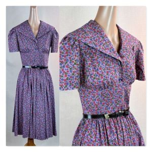 Vintage 50s Purple Floral Full Skirt Cotton Dress, B34  W26