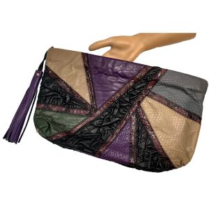 80s Patchwork Leather Clutch Purse w/ Tassel | Multicolor Snakeskin Look | Oversized Statement Bag - Fashionconservatory.com