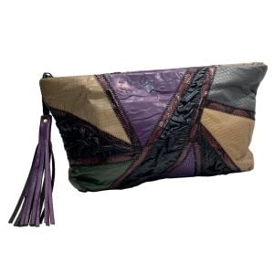 80s Patchwork Leather Clutch Purse w/ Tassel | Multicolor Snakeskin Look | Oversized Statement Bag