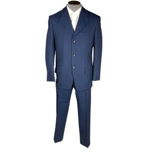 Vintage 60s Mens Striped Suit Custom Tailored Blue Wool Sz M