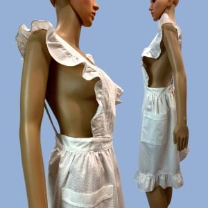 White Swiss Dot Ruffle Trim Full Bib Pinafore Apron  - Fashionconservatory.com