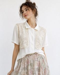 80s White Short Sleeve Romantic Blouse w Lace Vest / Shrug | Small - Fashionconservatory.com