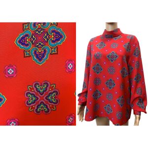 80s 90s Red Jewel Print Blouse Turtle Neck Collar