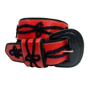 80s Red Leather Cowboy Glam Belt w Black Trim | 30.5 - 35.25''