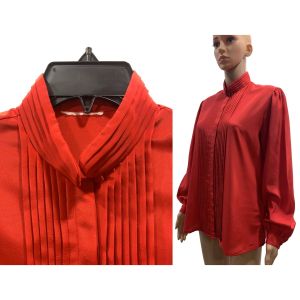 70s Red High Collar Secretary Blouse with Pleats  - Fashionconservatory.com
