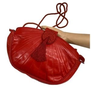 80s Italian Red Leather Clutch Shoulder Bag w Tassel 