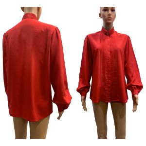 70s Red High Collar Secretary Blouse with Pleats 