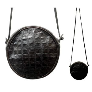 80s Black Leather Croc Stamp Round Shoulder Bag Circle Bag