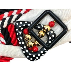 80s Statement Belt – Red Black White Rope Cord with Polka Dot Beads & Wood Buckle – Adjustable Waist - Fashionconservatory.com