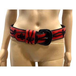 80s Red Leather Cowboy Glam Belt w Black Trim | 30.5 - 35.25'' - Fashionconservatory.com