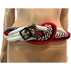 80s Statement Belt – Red Black White Rope Cord with Polka Dot Beads & Wood Buckle – Adjustable Waist