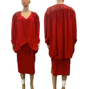 80s Red Draped Dropped Waist Dress w Crochet Lace Shoulders 
