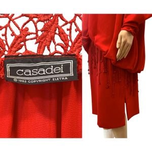80s Red Draped Dropped Waist Dress w Crochet Lace Shoulders  - Fashionconservatory.com