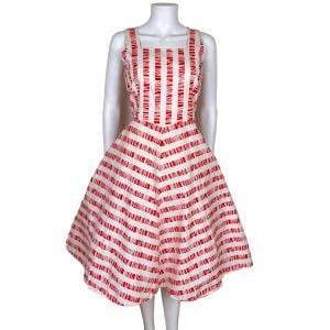 Vintage 1950s Cotton Day Dress Red Striped Pattern Size L