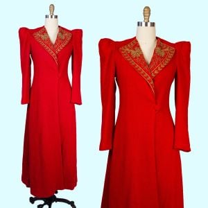 1940s Vintage Coat, RARE 40s Red Full Length Coat with Structured Shoulders and Gold Embellishment