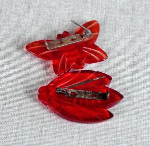 Vintage Red - Orange Lucite Bug Brooches, Cicada and Butterfly - Fashionconservatory.com