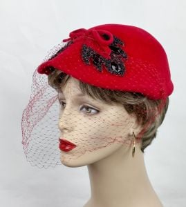 Vintage 50s Bright Red Felt Hat with Netting - Fashionconservatory.com
