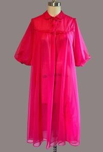 Vintage 60s True Red Sheer Chiffon Robe, Button Front, Balloon Elbow Sleeves, Rogers