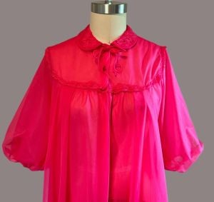 Vintage 60s True Red Sheer Chiffon Robe, Button Front, Balloon Elbow Sleeves, Rogers - Fashionconservatory.com