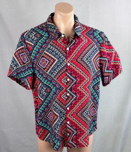 90s Bright Abstract Pattern Rayon Button Front Shirt, Sz XL