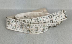 Vintage Handmade Beige Satin Clear Rhinestone Belt