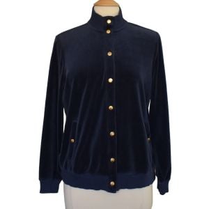Y2K Ralph Lauren Navy Blue Velvet Snap Front Jacket, RL Signature Buttons Coat, 1X