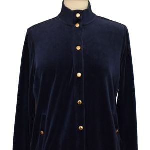 Y2K Ralph Lauren Navy Blue Velvet Snap Front Jacket, RL Signature Buttons Coat, 1X - Fashionconservatory.com