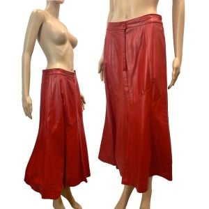 80s Red Leather Midi Skirt w Flared Hem Long Fluted Skirt  - Fashionconservatory.com