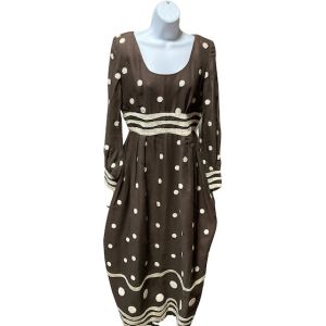 70s Polka Dot Brown and White Maxi Dress With Sheer Sleeves 