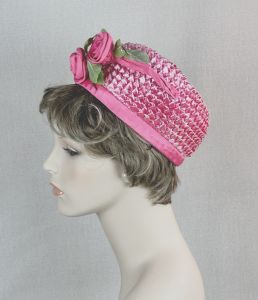 Vintage 60s Hot Pink Straw Pillbox Hat with Matching Rose - Fashionconservatory.com