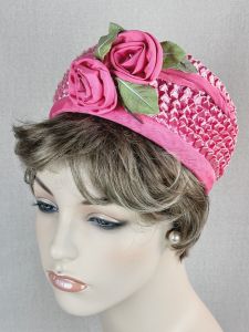 Vintage 60s Hot Pink Straw Pillbox Hat with Matching Rose