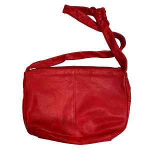 80s Red Leather Shoulder Bag w Bow Strap | 11'' x 8'' x 3.5'' - Fashionconservatory.com
