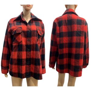 70s Red Black Wool Buffalo Plaid Lumberjack Shirt Jacket 
