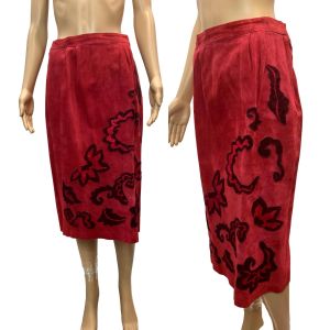 80s Red Suede Straight Midi Skirt w Silk Appliqués | W 26''