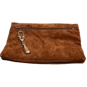 70s Brown Suede & Snakeskin Clutch w Large Silver & Enamel Mod Zipper Pull / Charm - Fashionconservatory.com