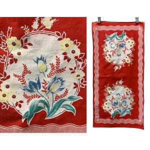 50s Cottagecore Red Floral Cotton Tea Towel Runner | Tulip Print 