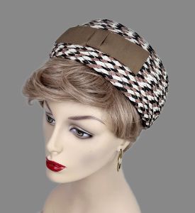 Vintage 60s Pillbox, Cream, Brown and Tan Straw Hat