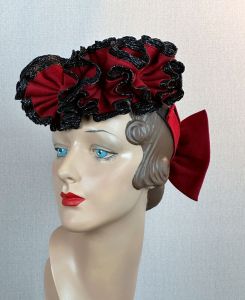 40s Dark Red Felt Ruffled Tilt Hat with Back Bow and Placement Band