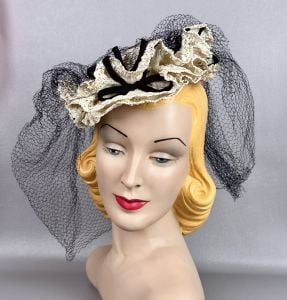 Vintage 40s White Straw Ruffled Veiled Tilt Hat, Best and Company, New York Creations