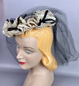 Vintage 40s White Straw Ruffled Veiled Tilt Hat, Best and Company, New York Creations - Fashionconservatory.com