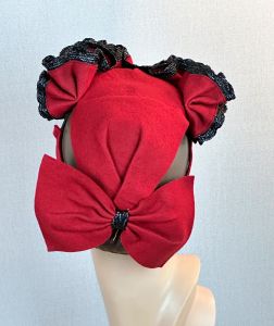 40s Dark Red Felt Ruffled Tilt Hat with Back Bow and Placement Band - Fashionconservatory.com