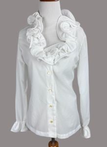 Vintage White Ruffle Neck Long Sleeve Blouse, Sz 10