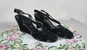 Vintage 50s Black Suede Wedge Heel Open Toe Sandals by Rhythm Step, Sz 6 - Fashionconservatory.com